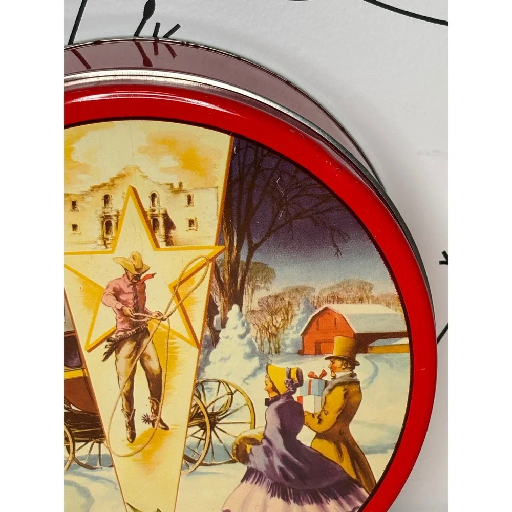 Vintage DeLuxe Fruit Cake Tin Collin Street Bakery Texas Winter Scene Red Metal